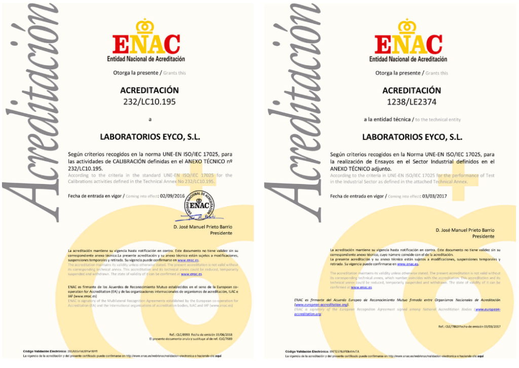 Acreditaciones ENAC de Laboratorios Eyco