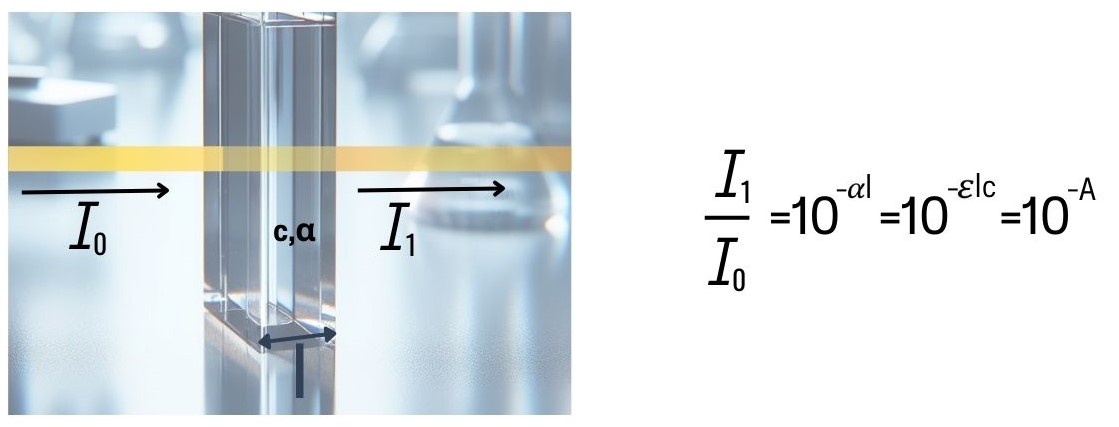 Diagrama de absorción de un haz de luz atravesando una cubeta de longitud l